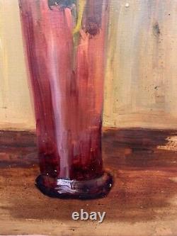 Impressionist bouquet pink red roses in a glass vase, vintage, 1950s
