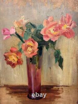 Impressionist bouquet pink red roses in a glass vase, vintage, 1950s