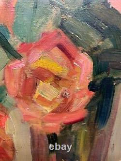 Impressionist bouquet pink red roses in a glass vase, vintage, 1950s
