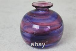 Isle of Wight IOW pink and blue swirl glass vase C1970s. Flame pontil. FREEPOST