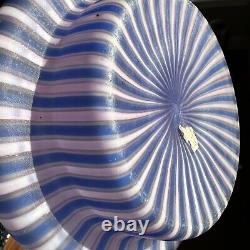 Italian Hand Blown Art Glass Vase Cane Ribbon Vtg MCM Blue Pink Stripe Murano 8