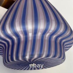 Italian Hand Blown Art Glass Vase Cane Ribbon Vtg MCM Blue Pink Stripe Murano 8