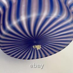 Italian Hand Blown Art Glass Vase Cane Ribbon Vtg MCM Blue Pink Stripe Murano 8