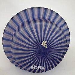 Italian Hand Blown Art Glass Vase Cane Ribbon Vtg MCM Blue Pink Stripe Murano 8