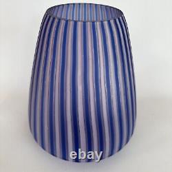 Italian Hand Blown Art Glass Vase Cane Ribbon Vtg MCM Blue Pink Stripe Murano 8