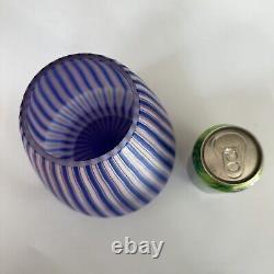 Italian Hand Blown Art Glass Vase Cane Ribbon Vtg MCM Blue Pink Stripe Murano 8