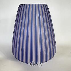 Italian Hand Blown Art Glass Vase Cane Ribbon Vtg MCM Blue Pink Stripe Murano 8