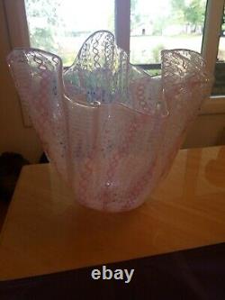 Italian VENINI Glass PINK AND WHITE Zig-Zag Lattice Ribbon Design Bowl Vase