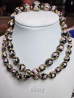 Italian venetian murano black pink wedding cake art glass necklace