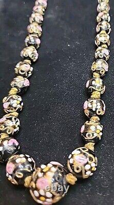 Italian venetian murano black pink wedding cake art glass necklace