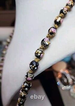 Italian venetian murano black pink wedding cake art glass necklace