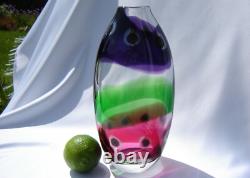 Jane Charles Art Glass Crystal Vase Green Purple Cranberry Pink Signed