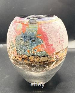 Jean Claude Novaro Signed Art Glass Vase Iridescent Pink Crackle French Blown 5