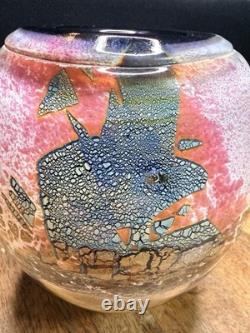 Jean Claude Novaro Signed Art Glass Vase Iridescent Pink Crackle French Blown 5