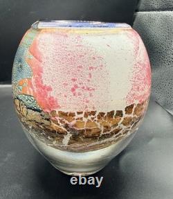 Jean Claude Novaro Signed Art Glass Vase Iridescent Pink Crackle French Blown 5