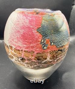 Jean Claude Novaro Signed Art Glass Vase Iridescent Pink Crackle French Blown 5