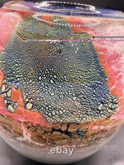 Jean Claude Novaro Signed Art Glass Vase Iridescent Pink Crackle French Blown 5