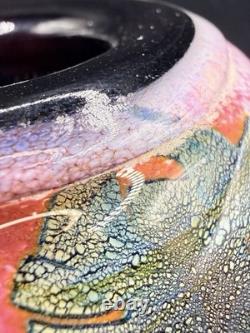 Jean Claude Novaro Signed Art Glass Vase Iridescent Pink Crackle French Blown 5