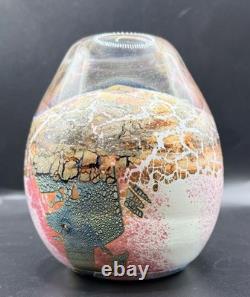 Jean Claude Novaro Signed Art Glass Vase Iridescent Pink Crackle French Blown 5