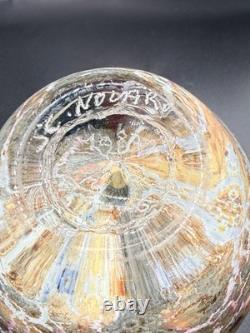 Jean Claude Novaro Signed Art Glass Vase Iridescent Pink Crackle French Blown 5