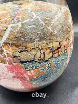 Jean Claude Novaro Signed Art Glass Vase Iridescent Pink Crackle French Blown 5