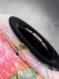 Jean Claude Novaro Signed Art Glass Vase Iridescent Pink Crackle French Blown 5