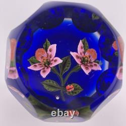 John Deacons Faceted Lampwork Pink Flowers/Ladybug On Blue Base Paperweight