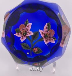 John Deacons Faceted Lampwork Pink Flowers/Ladybug On Blue Base Paperweight
