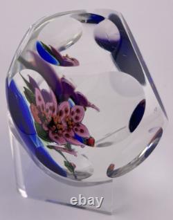 John Deacons Faceted Lampwork Pink Flowers/Ladybug On Blue Base Paperweight