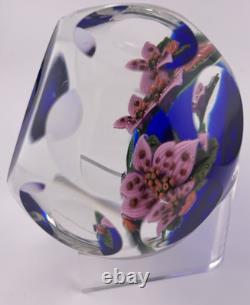 John Deacons Faceted Lampwork Pink Flowers/Ladybug On Blue Base Paperweight