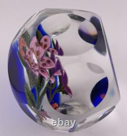 John Deacons Faceted Lampwork Pink Flowers/Ladybug On Blue Base Paperweight