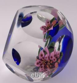 John Deacons Faceted Lampwork Pink Flowers/Ladybug On Blue Base Paperweight