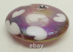 John Ditchfield Iridescent Pink Glass Lilly Pad Paperweight Signed, Label, Frog