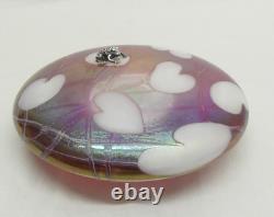 John Ditchfield Iridescent Pink Glass Lilly Pad Paperweight Signed, Label, Frog