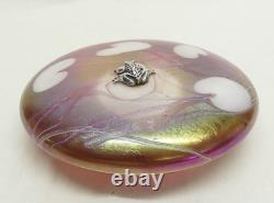 John Ditchfield Iridescent Pink Glass Lilly Pad Paperweight Signed, Label, Frog