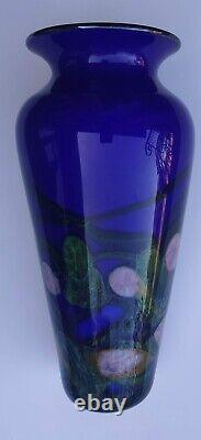 John Fields Studio Art Glass Vase Royal Blue Pink Flowers 11 Tall Signed 1998