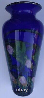 John Fields Studio Art Glass Vase Royal Blue Pink Flowers 11 Tall Signed 1998