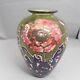 Jonathon Harris Cameo Carved Green Art Glass Vase Pink Flowers Floral 7 inches