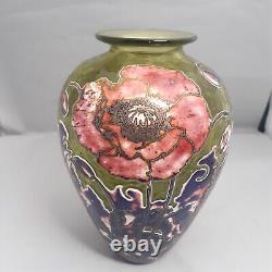 Jonathon Harris Cameo Carved Green Art Glass Vase Pink Flowers Floral 7 inches