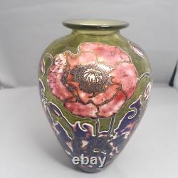 Jonathon Harris Cameo Carved Green Art Glass Vase Pink Flowers Floral 7 inches