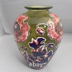 Jonathon Harris Cameo Carved Green Art Glass Vase Pink Flowers Floral 7 inches