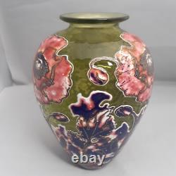 Jonathon Harris Cameo Carved Green Art Glass Vase Pink Flowers Floral 7 inches