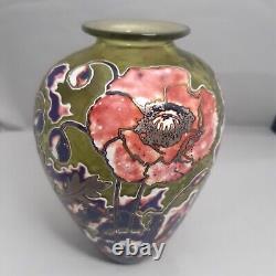 Jonathon Harris Cameo Carved Green Art Glass Vase Pink Flowers Floral 7 inches