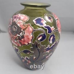 Jonathon Harris Cameo Carved Green Art Glass Vase Pink Flowers Floral 7 inches