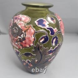 Jonathon Harris Cameo Carved Green Art Glass Vase Pink Flowers Floral 7 inches