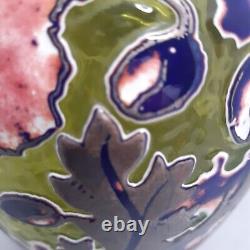 Jonathon Harris Cameo Carved Green Art Glass Vase Pink Flowers Floral 7 inches