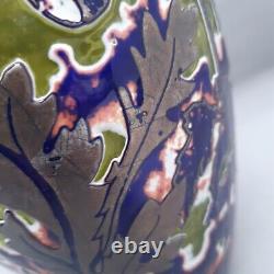 Jonathon Harris Cameo Carved Green Art Glass Vase Pink Flowers Floral 7 inches