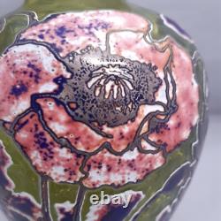 Jonathon Harris Cameo Carved Green Art Glass Vase Pink Flowers Floral 7 inches
