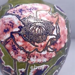 Jonathon Harris Cameo Carved Green Art Glass Vase Pink Flowers Floral 7 inches