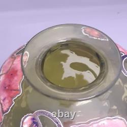 Jonathon Harris Cameo Carved Green Art Glass Vase Pink Flowers Floral 7 inches